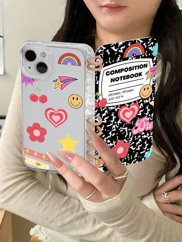 1pc Cartoon Doodle Pattern Flip Cover Notebook Style Phone Case Compatible With Apple 16/16PRO/16PLUS/16PROMAX/11/11pro/11promax/12/12pro/12promax/13/13pro/13promax/14/14plus/14pro/14promax/15/15plus/15pro/15promax, Great Back To School Gift For Friends, Classmates, Girlfriends