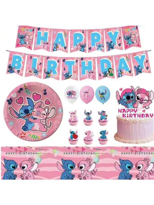 Disney 129Pcs Stitch Hawaiian Style Party Set - Balloons, Cake Decor, Cupcake Toppers, Suitable For Birthday, Graduation Etc. - Blue & Pink Party Balloons, Stitch & Lilo Theme Party Decorations, Birthday Party Decor, Stitch Theme Party Balloon Arch, Stitch Party Supplies