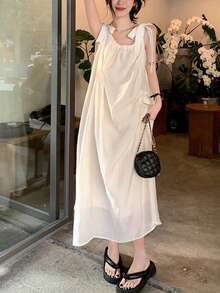 Francés suave perezoso estilo de vacaciones sueltas señoras halter vestido de las mujeres de diseño de verano sentido de la falda de longitud media - Blanco - Ver 6