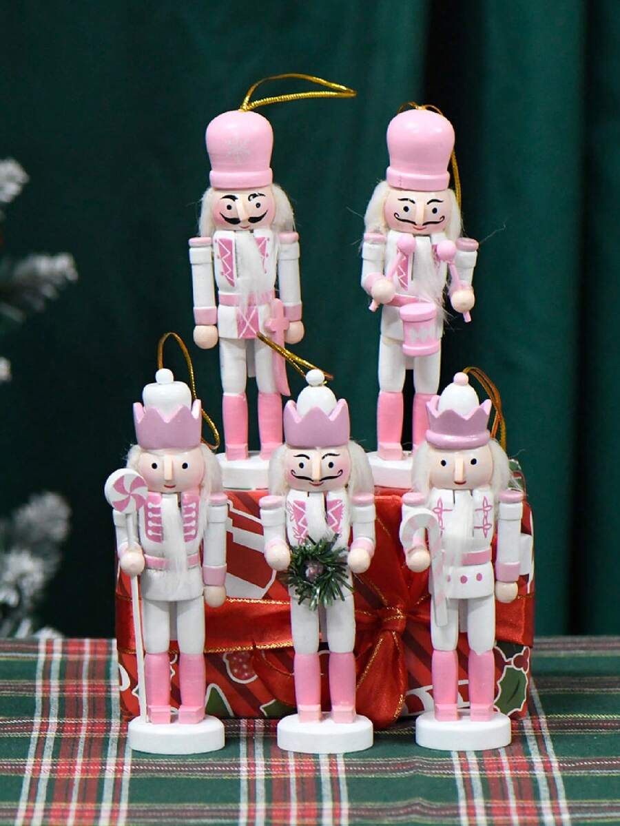 5 buc. decorațiuni de Crăciun în formă de gheare de nucă, gheare de nucă din lemn, decorațiuni suspendate, aranjament cu gheare de nucă de 5 inch înălțime pentru brad de Crăciun, decorațiuni roz de Crăciun pentru decorațiuni de brad de Crăciun, decorațiuni pentru păpuși sau cadouri