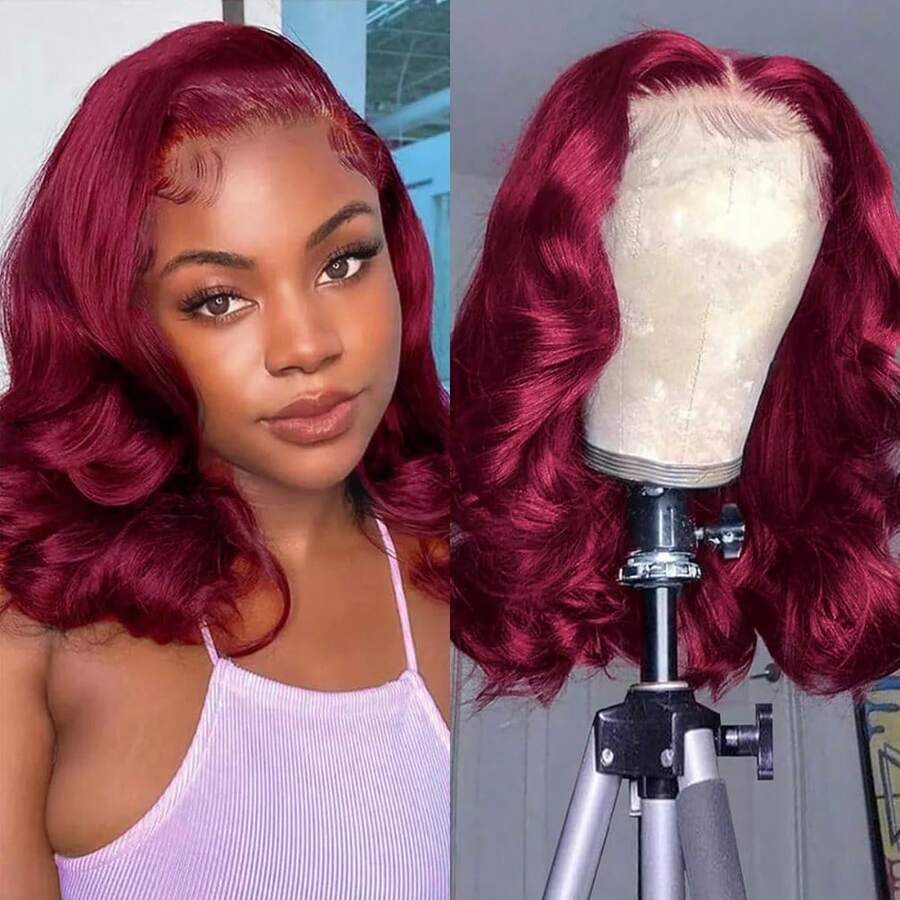 250% Density 99j Body Wave Wig13x4 Body Wave Human Hair Wig HD Lace Front Wigs Short Bob Wig For Women Burgundy Color - S99J - 查看 1