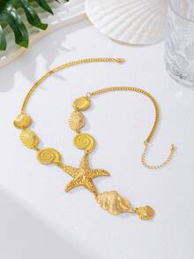 1pc Metal Fashion Ocean Series Shell, Seashell, Starfish Pendant Necklace, Suitable For Women Summer Beach Party - Gold - View 7