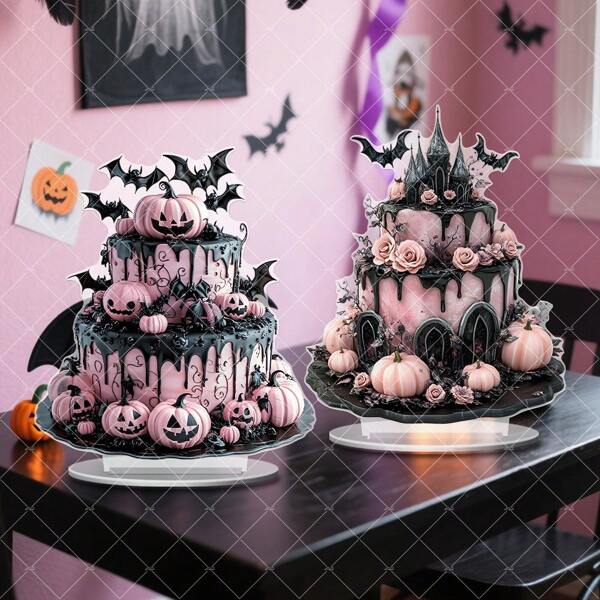 1pc, Pink Cake Theme Desktop Decorative Ornament, 2D Acrylic Flat Desktop Art, Pink Cake With Pumpkins And Roses, Chocolate Double Layer Cake Shape Design, Surrounded By Bats, Suitable For Office, Window, Bedroom Decoration, No Electricity Required, Fall And Halloween Decoration, Outdoor Decoration | Vintage Style | Exquisite Craftsmanship, Home Decoration
