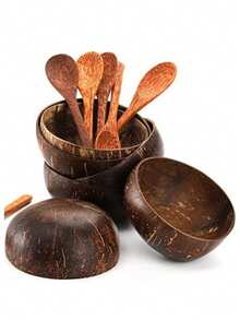 1 bol de servire în formă de nucă de cocos, bol din lemn pentru fulgi de ovăz, salată, masă ușoară și micul dejun