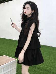 简约黑色盖袖连衣裙，无袖，高品质，修身，优雅迷你连衣裙，适合夏季 - 黑色 - 查看 4