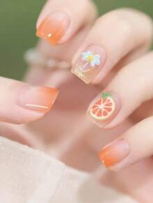 24 件短方形美甲 - 简约法式俏皮橙色蝴蝶结光泽假指甲，活泼可爱，带有精细的闪光，全覆盖且易于粘贴的设计，适合日常使用，耐用且时尚的美甲配件，高品质按压式指甲，表面光滑，时尚爱好者的必备品