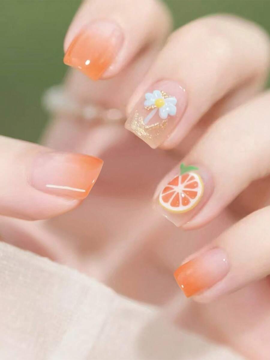 24 件短方形美甲 - 简约法式俏皮橙色蝴蝶结光泽假指甲，活泼可爱，带有精细的闪光，全覆盖且易于粘贴的设计，适合日常使用，耐用且时尚的美甲配件，高品质按压式指甲，表面光滑，时尚爱好者的必备品