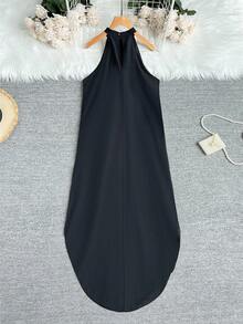 Elegant Sleeveless Mock Neck Asymmetrical Hem Halter Dress | Casual Loose Simple Spring Summer Outfits For Women, Vacation Outfits - 黑色 - 查看 8