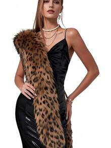 Faux Fur Scarf Wrap For Women, Long Plush Winter Shawl Collar, Warm Convertible Scarf  Neck Warmer, Elegant Evening Cape Bolero - Leopard - 查看 6