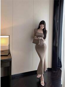 Women Long Dresses - 咖色 - 查看 2