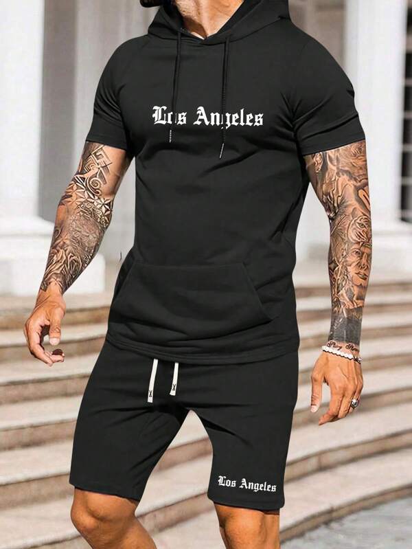 Men's Summer Short Sleeve Hooded T-Shirt And Shorts Set, Personalized Letter Print Pattern, Fashionable Casual Outfit With Pockets, Drawstring Waist Pants, Suitable For Running, Golf, Fishing, Basketball, Camping, Gym, Swimming And Beach, Great Gift For Husband Or Boyfriend