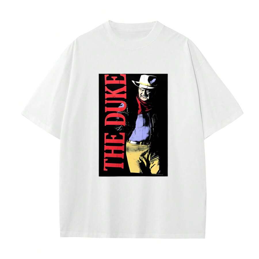 Camiseta gráficaónica casual para hombres - Impresión de icono negro, manga corta, ajuste holgado, cuello redondo, ropa para todas las estaciones, lavable aáquina, camiseta de uso casual con impresión gráfica audaz, cómoda de usar, camiseta básica de algodón pesado, duradera y a - Blanco - Ver 1