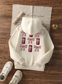 1pc Tween Girl Casual Printed Pullover Hoodie Sweatshirt, Thermal Lined, Long Sleeve, Autumn/Winter Student Youth Clothing - Apricot - View 3