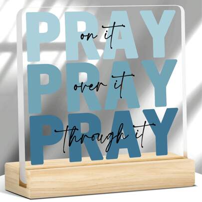 1pc Blue Pray Acrylic Desk Sign – Christian Christmas Gift For Women | Clear Faith Plaque For Shelf, Office, Farmhouse | Holiday Home Decor For Pastor & Friends