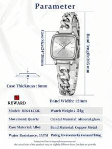 REWARD Reloj de cuarzo para mujer, reloj de pulsera de moda de lujo para dama, pulsera impermeable de acero inoxidable con caja, elegante y versátil para uso empresarial y casual, relojes rectangulares retro