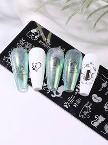 1件可爱卡通猫爪爱心图案美甲印花板，萌猫设计钢制美甲模板DIY印花美甲配件工具，美甲用品 - 銀色 - 查看 2