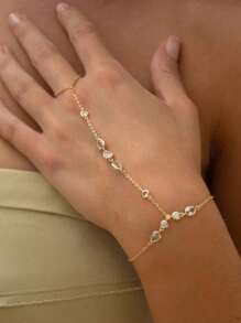 1 pieza Brazalete de mujer con hoja de diamante de estilo bohemio y cristal, brazalete de cadena fina simple para el dedo, accesorio de joyería como regalo