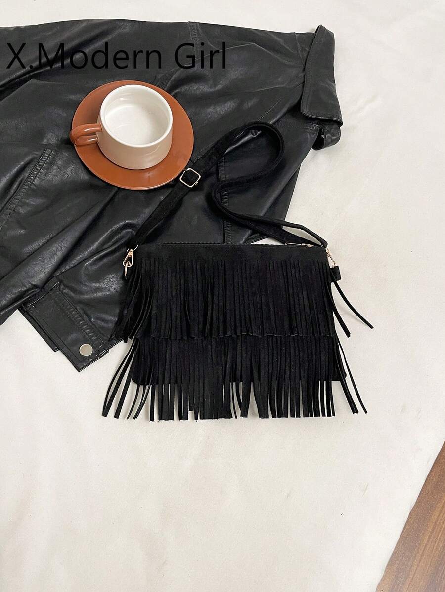 1 pieza Bolso bandolera de uso casual y versátil de moda con cremallera suave de PU negro, decoración con borlas, adecuado para uso diario de mujeres - Negro - Ver 1
