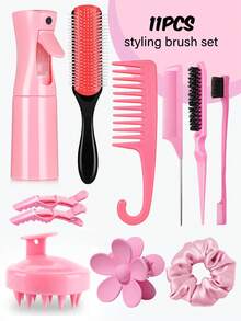11 件套梳子套装，适用于男女梳理前侧和后侧，梳子套装，九排梳，顺发刷喷雾瓶，头皮按摩器洗发刷，高级宽齿梳，花形发夹，发型刷套装，返校，旅行度假必需品，女士发饰 - 粉色 - 查看 1