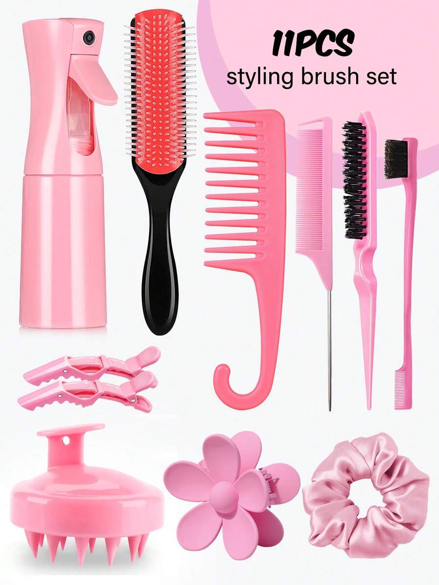 11 件套梳子套装，适用于男女梳理前侧和后侧，梳子套装，九排梳，顺发刷喷雾瓶，头皮按摩器洗发刷，高级宽齿梳，花形发夹，发型刷套装，返校，旅行度假必需品，女士发饰 - 粉色 - 查看 1