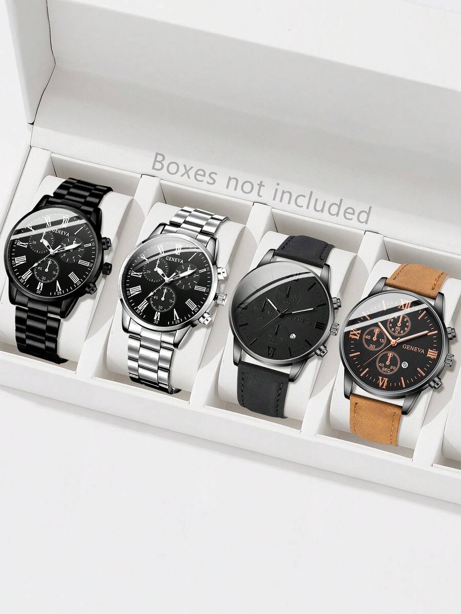 4 件男士时尚商务罗马数字刻度石英表套装适合日常佩戴装饰或节日礼物