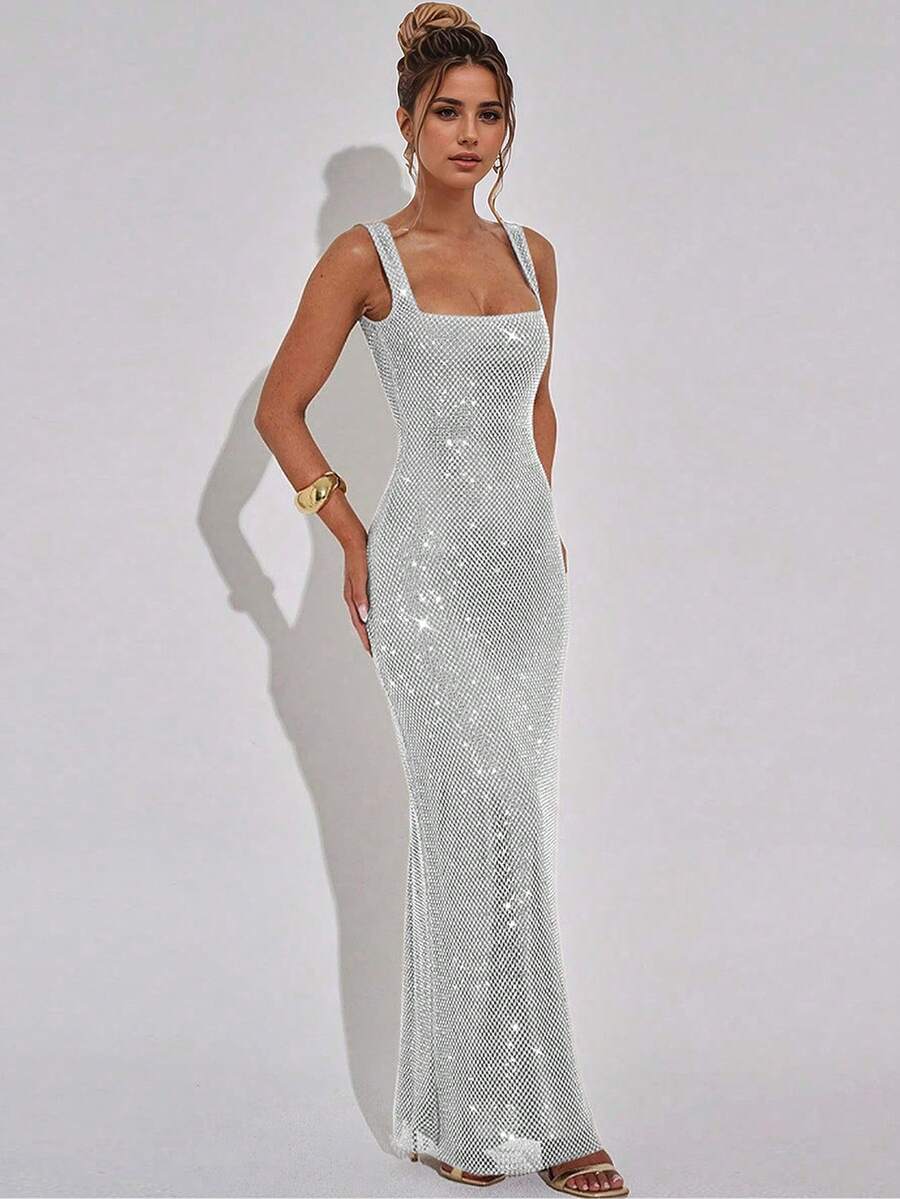 Elegant Sexy Spaghetti Strap Sequin Mesh Rhinestone Backless Dress, Showcasing Feminine Charm, Suitable For Parties, Birthdays, Graduations And Other Occasions