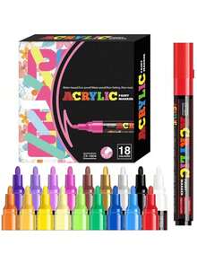 [Vibrant Acrylic Marker Pen Set] 12/18/24 Pcs Vibrant Acrylic Marker Pen Set - Medium (2-3mm) Tip Markers - For Rock Painting, Black Paper, Skateboard Decoration, Wood, Plastic, Canvas, Christmas Greetings - Multicolor - View 3