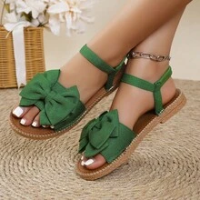 Summer Cowhide Leather Bow Slippers With Soft Sole, Casual Beach Sandals With Flat Heel, - Green - View 3