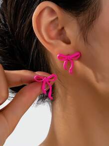 1 Pair Of Rose-Red Minimalist Elegant Bow Earrings Suitable For Ladies' Daily Use, Dates, Parties, And As A Fashionable Surprise Gift For Girlfriends Or Daughters.
