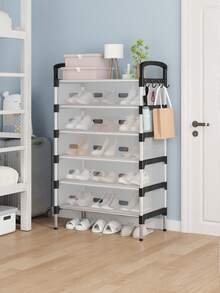 1 peça de sapateira multicamadas à prova de poeira, prateleira de armazenamento multifuncional de alta capacidade, economiza espaço, prateleira extensível para sapatos e botas plus size, com ganchos, adequada para corredor, sala de estar, quarto, varanda, garagem