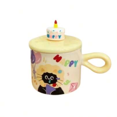 Caneca de Porcelana 380ml Feliz Aniversário com Tampa Decorativa Bolo Happy Birthday Presente