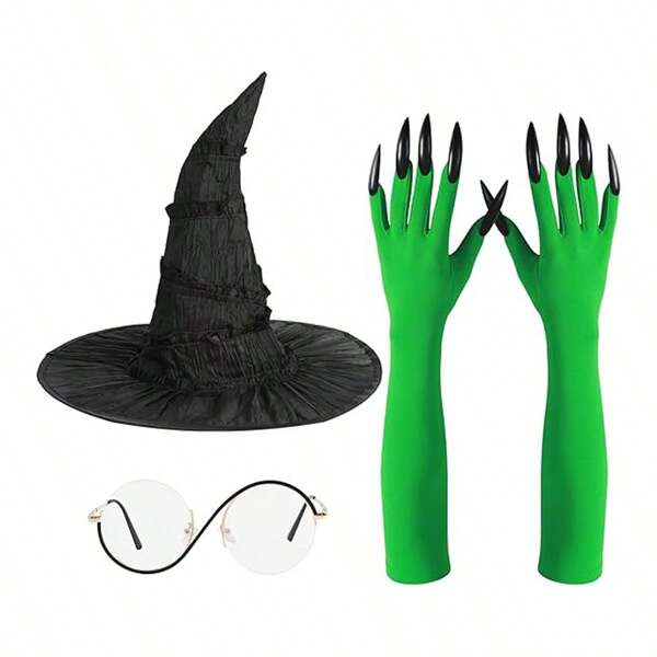 Halloween Witch Costume Props: Ruffle Witch Hat, Witch Glasses, Witch Green Claw Gloves, Witch Hat, For Festival Party Makeup Masquerade