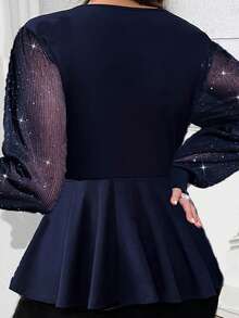 Women's Autumn V Neck Tops Long Sheer Mesh Sleeve Smocked Waist Plus Size T-Shirts - Navy Blue - View 6