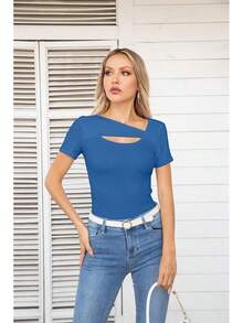 Womens Fashion Fall Cutout Long Sleeve Ribbed Slim Fitted Tops Shirts Tee Tshirts - 短藍 - 查看 6
