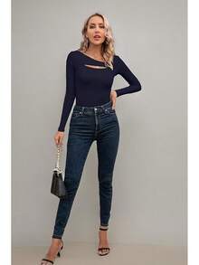 Womens Fashion Fall Cutout Long Sleeve Ribbed Slim Fitted Tops Shirts Tee Tshirts - Long-navy - View 8