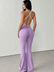 一件式无袖纯色薄款吊带撞色紧身连体裤阔腿喇叭休闲性感露背连体裤塑身连体裤夏季 - 淡紫色 - 查看 5