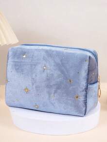 1pc Velvet Star Octagonal Cosmetic Bag, Large Capacity Portable Makeup Bag, Travel Organizer Pouch For Cosmetics, Skincare, Lipsticks, Simple Solid Color Style, Great Gift Item Travel Essentials Bag For School Vacation Holiday Back To School Supplies Travel Bag For Women - Multicolor - View 8