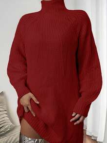Plus Size Solid Color Turtleneck Long Sleeve Loose Knitted Sweater Dress, Casual Everyday Wear, Winter