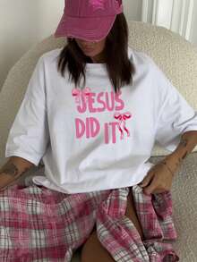 Women's Summer Casual Colorful Letter Jesus Did It Simple Bow Printed Pattern Round Neck T-Shirt Fashionable And Versatile, Girl. Graphic Tees Women White Top - White - View 11