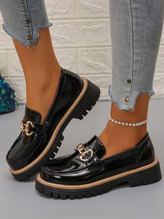 女士厚底玛丽珍鞋，纯色波西米亚风优雅复古金属链时尚百搭一脚蹬女士鞋，适合办公室