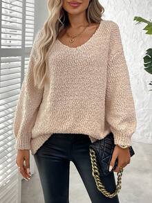 Plus Size Solid Color Crew Neck Casual Long Sleeve Knit Sweater, For Winter - Apricot - View 5