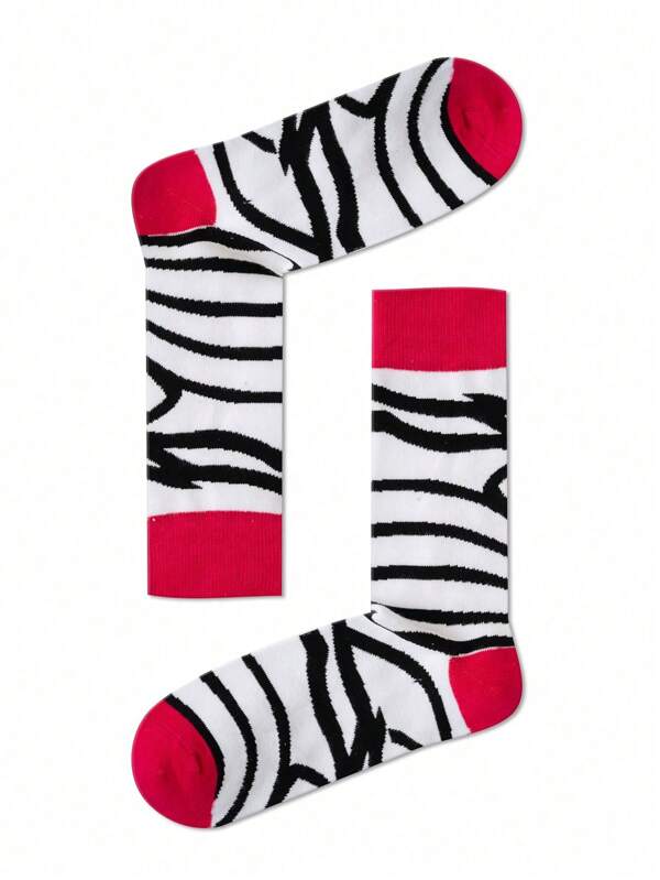 1 Pair Unisex Purple Striped Mid-Calf Socks, Suitable For All Seasons