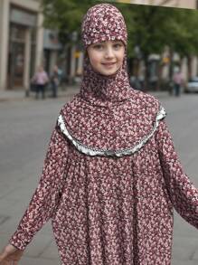 Casual Robe For Muslim Girls Aged 11-16, Elegant School Style, Slim Fit Modest Robe For Muslim Teens, Multi-Color Options, Floral Print Abaya For Muslim Girls Age 11-16, Sweet & Vibrant, New Muslim Girls Floral Headscarf With Lace Trim