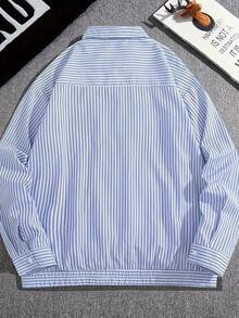 Men's Striped Zip-Up Shirt Jacket, Casual Design Loose Fit Spring Outwear, Korean Style For Commuting And Outdoor Wear, Fall - Blue - View 3