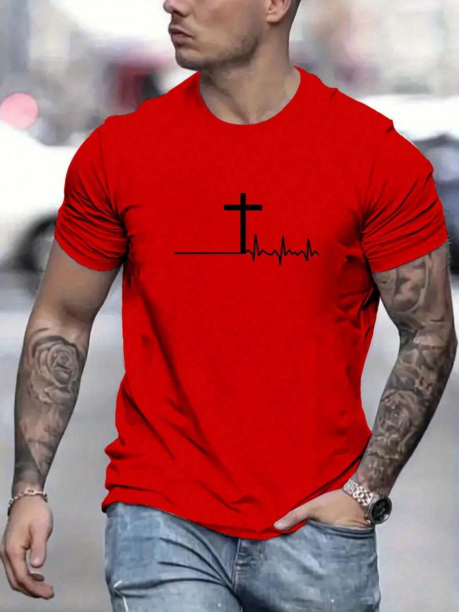Manfinity Homme Camiseta casual de manga corta con cuello redondo y estampado de cruz para hombre en verano - Rojo - Ver 1