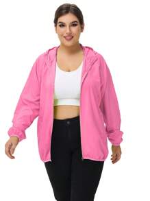 1pc Outdoor Women's Lightweight Solid Color Long Sleeve Casual Jacket, Zipper Hooded Plus Size Jacket, Water-Repellent Fabric Outerwear, Sunblock