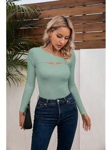 Womens Fashion Fall Cutout Long Sleeve Ribbed Slim Fitted Tops Shirts Tee Tshirts - Long-moss Green - View 6