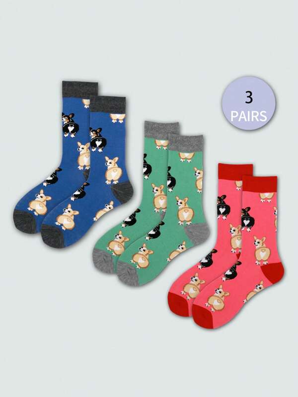 3 pares de calcetines de media caña para hombre con gráfico de perro Corgi, de moda