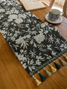 1 pieza Tapete de mesa con bordado floral de estilo retro francés de lujo con flecos, color verde, apto para vacaciones, reuniones, fiestas, bodas, decoración del hogar, todas las estaciones. - Verde Oscuro - Ver 11