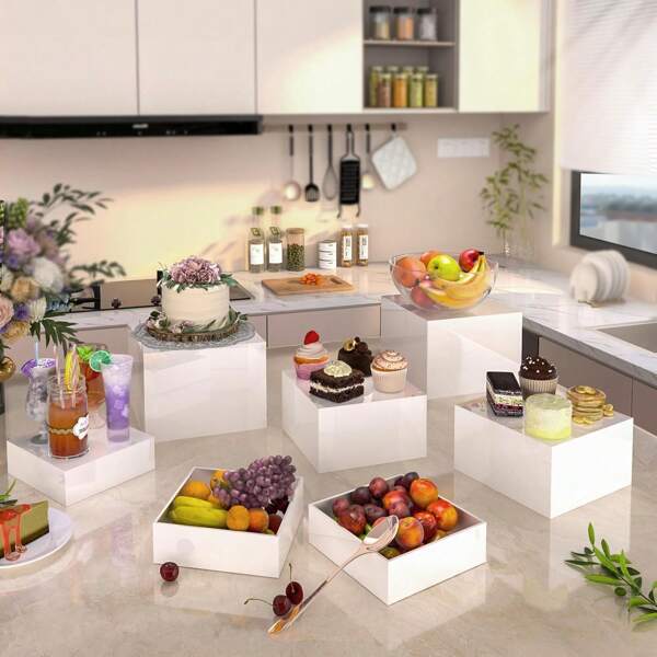 Weiße Buffet-Erhöhungen für Buffett-Tisch, Acryl-Lebensmittel-Präsentationsständer für Catering-Dessert-Party-Dekoration, quadratischer Würfel-Präsentationsständer mit Cut Out Böden